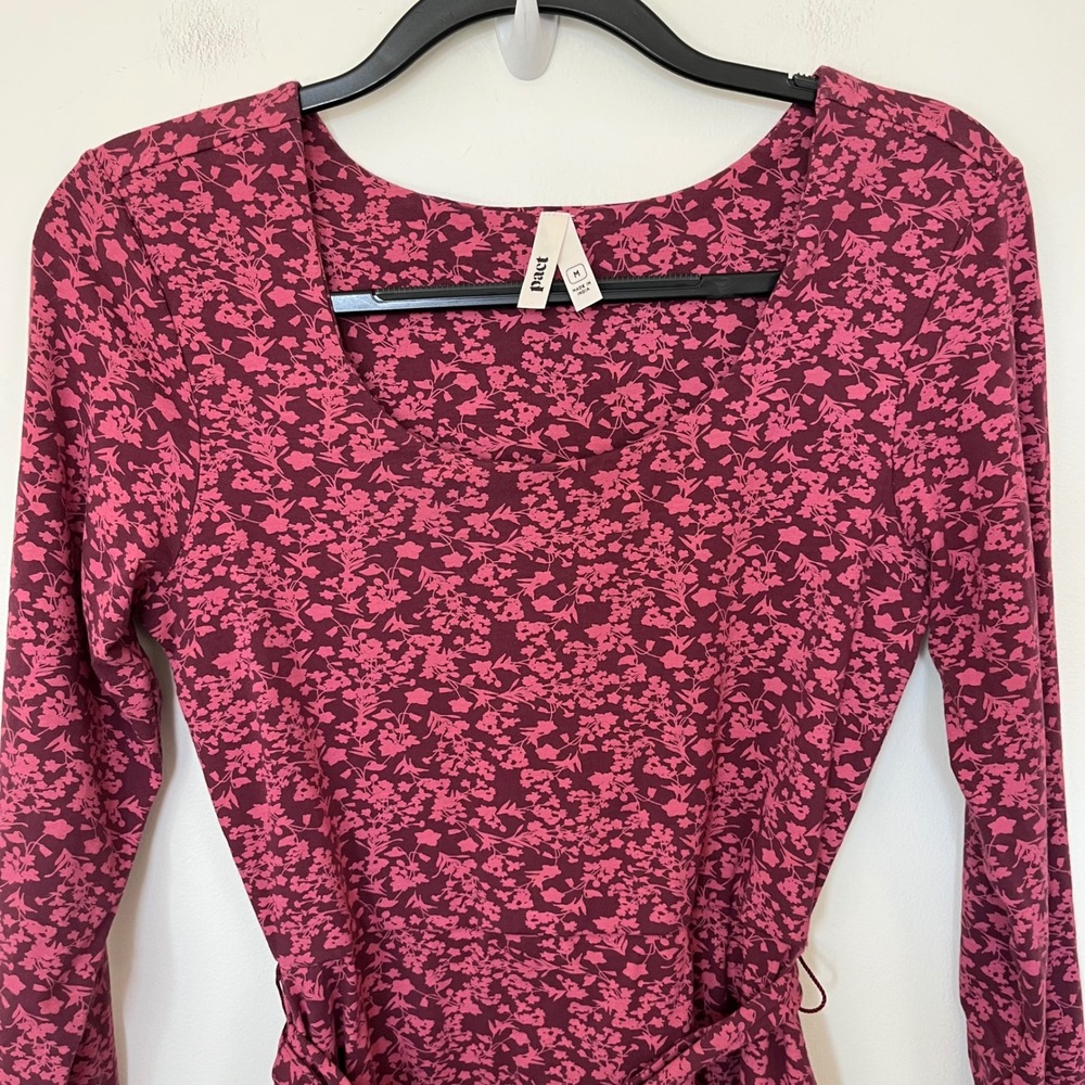 Pact Organic Scoop Neck Fit & Flare Floral Dress Pockets Belt Womens Medium Pink - Picture 4 of 13
